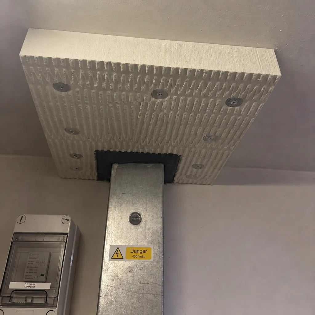 Electrical trunking passing through a ceiling, sealed with a fire-resisting board fixed with large-washer anchors